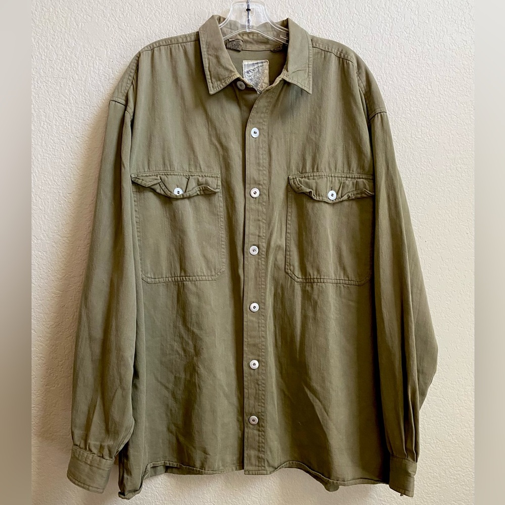 Vintage Olive Green Men's Heavy Cotton Long-Sleeve Shirt, Metal Buttons